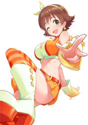 Rule 34 | 1girl, ;d, ass, bare shoulders, belt, boots, breasts, brown eyes, brown hair, commentary request, crop top, earrings, hairband, highres, honda mio, idolmaster, idolmaster cinderella girls, jewelry, large breasts, looking at viewer, midriff, miniskirt, one eye closed, open mouth, orange skirt, orange thighhighs, pleated skirt, short hair, simple background, skirt, sleeveless, smile, solo, star (symbol), star earrings, striped clothes, striped thighhighs, tamakaga, thighhighs, white background, white footwear
