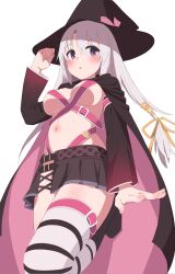 Rule 34 | 1girl, arm at side, ayachi nene, belt, belt bra, black cloak, black footwear, black hat, black skirt, blush, breasts, cloak, commentary request, detached sleeves, eyes visible through hair, foot out of frame, foreshortening, from below, grey hair, hair between eyes, hair ribbon, hand up, hat, highres, hip vent, large breasts, long hair, long sleeves, looking at viewer, microskirt, navel, parted lips, pink belt, pleated skirt, purple eyes, ribbon, sanoba witch, sidelocks, simple background, single thighhigh, skirt, solo, standing, straight hair, striped clothes, striped thighhighs, thighhighs, thighs, very long hair, white background, wide sleeves, witch, witch hat, yellow ribbon, zlmh7okwwbmghfo