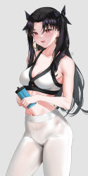 Rule 34 | 1girl, alternate costume, bare arms, bare shoulders, black hair, black ribbon, blush, bottle, breasts, cleavage, collarbone, commentary, contrapposto, cowboy shot, crop top, earrings, english commentary, fate/grand order, fate (series), grey background, hair ribbon, halterneck, high-waist pants, highres, hoop earrings, ishtar (fate), jewelry, linea alba, long hair, looking at viewer, medium breasts, navel, open mouth, pants, parted bangs, red eyes, ribbon, ryudraw, see-through, see-through legwear, simple background, solo, sports bra, sportswear, stomach, thighs, two side up, water bottle, white pants, white sports bra, yoga pants