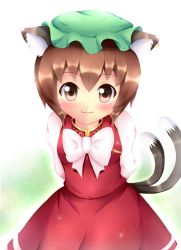 Rule 34 | 1girl, :3, animal ears, arms behind back, brown hair, cat ears, cat girl, cat tail, chen, dress, earrings, female focus, gradient background, hat, high collar, jewelry, kane-neko, light particles, long sleeves, looking at viewer, multiple tails, red dress, ribbon, short hair, simple background, single earring, solo, tail, touhou