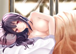 Rule 34 | 1girl, absurdres, aftersex, bed, bed sheet, blanket, blush, breasts, chiaki (haigore), cleavage, hair flaps, highres, indoors, kantai collection, large breasts, long hair, lying, no nipples, nude, on side, pillow, purple hair, red eyes, solo, taigei (kancolle), window