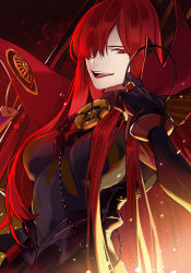 Rule 34 | 1girl, armored boots, black bodysuit, bodysuit, boots, breasts, cape, chain, collared cape, crest, family crest, fate/grand order, fate (series), gloves, hair over one eye, highres, kuzen, light particles, long hair, looking at viewer, medallion, oda nobunaga (fate), oda nobunaga (maou avenger) (fate), oda uri, open mouth, popped collar, red cape, red eyes, red hair, smile, solo, type-moon