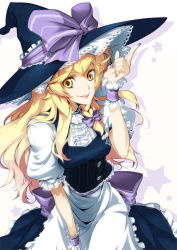 Rule 34 | 1girl, apron, blonde hair, braid, buttons, embellished costume, female focus, frills, hat, hong (white spider), kirisame marisa, lace, long hair, nail polish, purple nails, smile, solo, touhou, waist apron, witch, witch hat, wrist cuffs, yellow eyes
