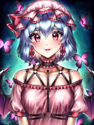 Rule 34 | 1girl, adapted costume, backlighting, bat wings, blue hair, blush, breasts, bug, butterfly, choker, collarbone, commentary, dark jewel (gem oblivion), dress, earrings, english commentary, hair between eyes, hat, hat ribbon, highres, insect, jewelry, light blush, light smile, looking at viewer, mob cap, night, night sky, parted lips, pink dress, pink hat, puffy short sleeves, puffy sleeves, red eyes, remilia scarlet, ribbon, short hair, short sleeves, signature, sky, small breasts, solo, star (sky), starry sky, touhou, upper body, wings