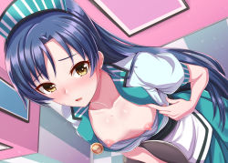 Rule 34 | 1girl, apron, blue hair, blush, breasts, brown eyes, collarbone, dan (orange train), diner, exhibitionism, hat, idolmaster, idolmaster (classic), idolmaster million live!, idolmaster million live! theater days, indoors, kisaragi chihaya, long hair, looking at viewer, open clothes, open shirt, opened by self, public indecency, puffy short sleeves, puffy sleeves, short sleeves, small breasts, solo, tray, waitress