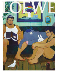 Rule 34 | 2boys, bara, beard stubble, bird, black tank top, book, boxers, cat, chicken, closed eyes, couch, dark-skinned male, dark skin, elephant, facial hair, knees up, large pectorals, lgbt pride, male focus, male underwear, mature male, multiple boys, muscular, muscular male, no pants, on couch, open book, original, pectoral cleavage, pectorals, pigeon, portrait (object), pride month, rabbit, rainbow, short hair, sideburns, sidepec, sitting, stomach, stubble, tank top, thick eyebrows, thighs, torajiro art, underwear, white tank top, wooden floor, yaoi, yawning