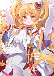 Rule 34 | 1girl, :d, animal ears, blonde hair, blush, braid, commentary request, crown, dress, feet out of frame, gradient background, granblue fantasy, grey background, highres, knees together feet apart, long hair, long sleeves, looking at viewer, mahira (granblue fantasy), mini crown, open mouth, pantyhose, pilokey, puffy long sleeves, puffy sleeves, red eyes, smile, solo, tilted headwear, twin braids, twintails, very long hair, white background, white dress, white pantyhose
