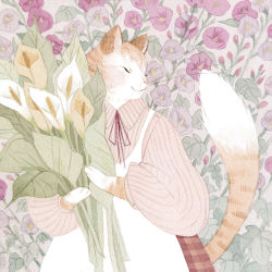 Rule 34 | 1girl, ^ ^, animal ears, animal nose, apron, beige shirt, body fur, bouquet, bud, calla lily, cat ears, cat girl, cat tail, closed eyes, closed mouth, collared shirt, commentary, english commentary, closed eyes, facing to the side, flower, from side, furry, furry female, gouache (medium), hands up, holding, holding bouquet, holding flower, leaf, long sleeves, maid apron, muted color, nature, neck ribbon, orange fur, original, outdoors, painting (medium), pale color, plaid, profile, puffy long sleeves, puffy sleeves, purple flower, red ribbon, ribbed shirt, ribbon, shirt, smile, snout, solo, standing, striped tail, tail, tail raised, traditional media, upper body, vanessa gillings, whiskers, white apron, white flower, white fur, wing collar