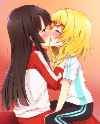 Rule 34 | 2girls, black hair, blonde hair, blunt bangs, blunt ends, blush, braid, closed eyes, commentary request, french kiss, full-face blush, glasses, gradient background, hand on another&#039;s hip, hand on another&#039;s shoulder, hasegawa mii, highres, hime cut, ichikishima mizuha, jacket, kiss, long hair, multiple girls, pants, purple eyes, re:stage!, red-framed eyewear, semi-rimless eyewear, shirt, sitting, sitting on lap, sitting on person, sk02, straddling, sweat, t-shirt, track jacket, track pants, track suit, twin braids, under-rim eyewear, upright straddle, yuri