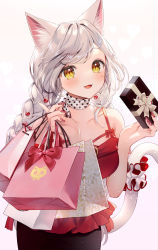 Rule 34 | 1girl, :d, animal ear fluff, animal ears, bad id, bad pixiv id, bag, bare shoulders, black skirt, box, braid, breasts, brown eyes, camisole, cat ears, cat girl, cat tail, collarbone, commentary request, fangs, fingernails, gift, gift box, heart, heart background, highres, holding, holding bag, holding gift, long fingernails, long hair, looking at viewer, medium breasts, momoshiki tsubaki, nail art, nail polish, open mouth, original, paper bag, red camisole, red nails, revision, silver hair, skirt, smile, solo, tail, tail raised, twin braids, valentine, very long hair