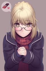 Rule 34 | 1girl, ahoge, artoria pendragon (fate), blonde hair, blush, boa (brianoa), braid, braided bun, chocolate, eyes visible through hair, fate/grand order, fate (series), glasses, grey-framed eyewear, grey background, grey jacket, hair between eyes, hair bun, hands up, highres, interlocked fingers, jacket, long sleeves, looking at viewer, mysterious heroine x alter (fate), mysterious heroine x alter (first ascension) (fate), own hands together, parted lips, pince-nez, red scarf, scarf, single hair bun, solo, spoken object, upper body, yellow eyes
