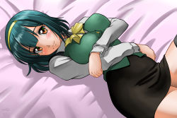 Rule 34 | 1girl, artist name, bed sheet, black skirt, black thighhighs, bow, bowtie, breasts, closed mouth, commentary, dated, dress shirt, green hair, green vest, hairband, highres, idolmaster, idolmaster (classic), knee up, light blush, long sleeves, looking at viewer, lying, matsui yasutsugu, medium breasts, miniskirt, mole, mole under mouth, office lady, on back, on bed, otonashi kotori, pencil skirt, red eyes, shirt, short hair, signature, skirt, smile, solo, thighhighs, vest, white shirt, yellow bow, yellow bowtie, yellow hairband