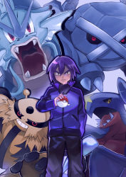 Rule 34 | 1boy, abe (kumayu), absurdres, black eyes, closed mouth, commentary request, creatures (company), electivire, game freak, garchomp, gen 1 pokemon, gen 3 pokemon, gen 4 pokemon, gyarados, hair between eyes, highres, holding, holding poke ball, jacket, long sleeves, looking at viewer, male focus, metagross, nintendo, pants, paul (pokemon), poke ball, poke ball (basic), pokemon, pokemon (anime), pokemon (creature), pokemon journeys, purple hair, shirt, short hair, smile