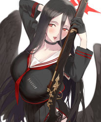 Rule 34 | 1girl, black gloves, black hair, black wings, blue archive, bolt action, breasts, choker, conto, gloves, gun, hair between eyes, halo, hasumi (blue archive), large breasts, long hair, m1917 enfield, mole, mole under eye, open mouth, red eyes, rifle, school uniform, serafuku, solo, very long hair, weapon, wings