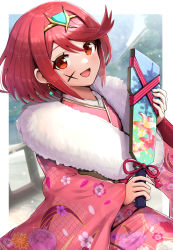 Rule 34 | 1girl, :d, alternate costume, blush, border, bridge, earrings, floral print, gonzarez, hagoita, highres, holding, japanese clothes, jewelry, kimono, long sleeves, looking at viewer, open mouth, outdoors, outside border, paddle, pink kimono, print kimono, pyra (xenoblade), red eyes, red hair, red ribbon, revision, ribbon, short hair, sidelocks, sitting, smile, snowing, solo, swept bangs, tassel, tiara, white border, wide sleeves, winter, xenoblade chronicles (series), xenoblade chronicles 2