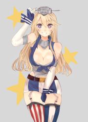Rule 34 | 10s, 1girl, american flag legwear, asymmetrical legwear, bare shoulders, belt, blonde hair, blue eyes, blush, breasts, cleavage, elbow gloves, fingerless gloves, front-tie top, garter straps, gloves, grin, highres, iowa (kancolle), kantai collection, large breasts, long hair, looking at viewer, miniskirt, mismatched legwear, open mouth, skirt, smile, solo, standing, star-shaped pupils, star (symbol), striped clothes, striped skirt, striped thighhighs, symbol-shaped pupils, tagicrabbu, thighhighs, vertical-striped clothes, vertical-striped skirt, vertical-striped thighhighs, zettai ryouiki