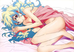 Rule 34 | 00s, 1girl, absurdres, barefoot, bed, bed sheet, blanket, blush, feet, female focus, fingernails, highres, incredibly absurdres, interlocked fingers, legs, long hair, looking at viewer, lying, multicolored hair, naked sheet, navel, nia teppelin, nishigori atsushi, nude, official art, on side, parted lips, solo, tengen toppa gurren lagann, toes, aged down