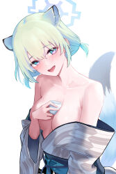 Rule 34 | 1girl, absurdres, animal ears, aoi riko, bath yukata, blue archive, blush, breasts, cup, halo, highres, japanese clothes, kimono, light green hair, liquid, looking at viewer, medium breasts, off shoulder, official alternate costume, open mouth, shigure (blue archive), shigure (hot spring) (blue archive), short twintails, simple background, solo, tail, twintails, weasel ears, weasel girl, weasel tail, white background, yagasuri, yukata