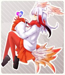 Rule 34 | 1girl, akino coto, bird tail, blunt bangs, feather-trimmed sleeves, fur collar, gloves, head wings, heart, highres, japanese crested ibis (kemono friends), kemono friends, long hair, multicolored hair, orange eyes, pantyhose, pleated skirt, red gloves, red pantyhose, skirt, tail, white hair, wings