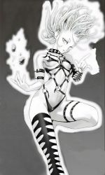 Rule 34 | 1girl, absurdres, armlet, aura, breasts, collar, collarbone, floating, floating hair, floating rock, glowing, harness, highres, legs, looking at viewer, medium hair, navel, one-punch man, pointing, rock, small breasts, solo, spiked armlet, spiked collar, spikes, tatsumaki, telekinesis, thick thighs, thighs, third-party edit, torn clothes