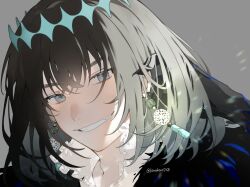 Rule 34 | 1boy, adjusting hair, black hair, dangle earrings, diamond hairband, earrings, eyelashes, fate/grand order, fate (series), frilled shirt collar, frills, grey background, grey eyes, grin, jewelry, looking at viewer, male focus, medium hair, oberon (fate), oberon (third ascension) (fate), portrait, romo827, shirt, simple background, smile, solo, twitter username, white shirt