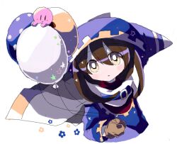 Rule 34 | 1boy, balloon, blue shirt, bright pupils, brown hair, cape, closed mouth, commentary, from above, gloves, gold trim, holding, holding balloon, kirby, kirby (series), long sleeves, looking at viewer, magolor, male focus, nintendo, no nose, oekaki, parted lips, personification, shirt, simple background, smile, star (symbol), usagi nui, white background, white cape, white pupils, yellow gloves