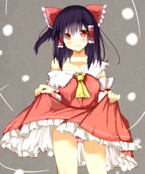 Rule 34 | 1girl, ascot, bare shoulders, black hair, bow, clothes lift, deanoia, detached sleeves, dress, dress lift, female focus, hair bow, hair tubes, hakurei reimu, japanese clothes, long hair, md5 mismatch, miko, off shoulder, panties, pink panties, red dress, red eyes, smile, solo, touhou, underwear
