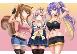 Rule 34 | 3girls, airani iofifteen, alternate costume, alternate hairstyle, animal ears, arm up, armpits, ayunda risu, bare arms, bare shoulders, belt, black choker, black gloves, black legwear, black shirt, black shorts, blue shorts, blue skirt, breasts, brown hair, choker, cleavage, clothing cutout, collarbone, crop top, cutoffs, denim, denim shorts, fingerless gloves, front-tie top, fur trim, gloves, gradient hair, green eyes, groin, hair ornament, hairclip, hand on another&#039;s shoulder, highres, hololive, hololive indonesia, jewelry, kazenokaze, large breasts, long hair, looking at viewer, medium breasts, midriff, miniskirt, moona hoshinova, multicolored hair, multiple girls, navel, navel cutout, necklace, off shoulder, one eye closed, open mouth, pink shirt, pleated skirt, ponytail, purple eyes, purple hair, shirt, short shorts, shorts, silver hair, skirt, sleeveless, sleeveless shirt, smile, squirrel ears, squirrel girl, squirrel tail, stomach, strap slip, strapless shirt, tail, taut clothes, taut shirt, thighhighs, thighs, virtual youtuber, w, white shirt, wristband, zettai ryouiki