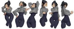 Rule 34 | 1girl, absurdres, ass, black hair, breasts, grey sweater vest, highres, jumpsuit, large breasts, looking at viewer, multiple views, original, ponytail, ribbon, short hair, sweater vest, tbocart, yellow eyes
