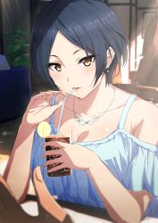 Rule 34 | 1boy, 1girl, absurdres, bare shoulders, bendy straw, black hair, blue shirt, brown eyes, collarbone, commentary request, cup, drinking glass, drinking straw, earrings, food, fruit, hands up, hayami kanade, highres, holding, holding cup, ice, ice cube, idolmaster, idolmaster cinderella girls, indoors, jewelry, lemon, lemon slice, looking at viewer, misaki nonaka, necklace, off-shoulder shirt, off shoulder, parted bangs, parted lips, shirt, solo focus, upper body