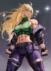 Rule 34 | 1girl, abs, antenna hair, belt, blonde hair, blue eyes, chain, clenched hands, crop top, fingerless gloves, gloves, halterneck, highres, jacket, jewelry, lights, long hair, muscular, muscular female, necklace, open clothes, open jacket, original, pants, robusta mania, signature, solo, sweat, torn clothes, torn pants, veins, veiny arms
