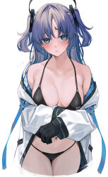 Rule 34 | 1girl, absurdres, bikini, black bikini, black gloves, blue archive, blue eyes, blue hair, blush, breasts, closed mouth, cowboy shot, gloves, hair ornament, halo, highres, jacket, large breasts, long hair, long sleeves, navel, open clothes, open jacket, rerrere, signature, simple background, solo, standing, string bikini, swimsuit, two side up, white background, white jacket, yuuka (blue archive)