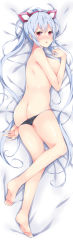 Rule 34 | 1girl, ass, black panties, breasts, butt crack, commentary request, dakimakura (medium), full body, hair ornament, hair rings, highres, large breasts, long hair, looking at viewer, matoi (pso2), milkpanda, open mouth, panties, panty pull, phantasy star, phantasy star online 2, red eyes, shiny skin, silver hair, soles, solo, topless, twintails, underwear, underwear only, very long hair