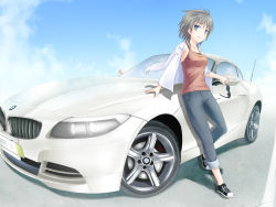 Rule 34 | 1girl, arm support, bad id, bad pixiv id, blue eyes, bmw, bmw z4, car, cloud, collarbone, day, denim, foreshortening, grey hair, jacket, jacket on shoulders, lace, light smile, looking at viewer, mole, mole under eye, motor vehicle, no socks, original, shintani kyou, shintani s15, shoes, short hair, sky, solo, sunglasses, tank top, vehicle, vehicle focus