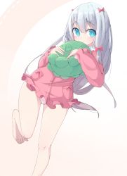 Rule 34 | 10s, 1girl, blue eyes, blush, bow, eromanga sensei, hair bow, izumi sagiri, leaning to the side, long hair, looking at viewer, hugging object, okota mikan, pajamas, silver hair, simple background, solo, standing, standing on one leg, white background