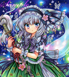 Rule 34 | 1girl, black hairband, blue background, blue eyes, bow, bowtie, bug, butterfly, cherry blossom print, cherry blossoms, cowboy shot, embellished costume, floral print, flower, frilled hairband, frills, green skirt, green vest, grey hair, hair ornament, hairband, holding, holding sword, holding weapon, insect, katana, konpaku youmu, konpaku youmu (ghost), looking at viewer, marker (medium), medium hair, ofuda, parted lips, petals, pink flower, puffy short sleeves, puffy sleeves, rui (sugar3), sample watermark, sheath, sheathed, short sleeves, skirt, skirt set, solo, standing, sword, tassel, touhou, traditional media, vest, watermark, weapon, wrist cuffs