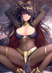 Rule 34 | 1girl, armpits, arms up, bed sheet, black cape, black hair, blunt bangs, bodystocking, bracelet, breasts, bridal gauntlets, cape, circlet, cleavage, commentary request, covered navel, fire emblem, fire emblem awakening, gold trim, high heels, jewelry, kirishima satoshi, large breasts, long hair, looking at viewer, lying, neck ring, nintendo, on back, paid reward available, parted lips, pelvic curtain, purple eyes, red cape, shadow, sidelocks, solo, spread legs, tharja (fire emblem), thighlet, two-sided cape, two-sided fabric, two-tone cape, two side up