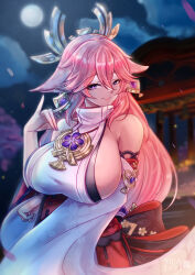 Rule 34 | 1girl, absurdres, animal ears, bare shoulders, breasts, commentary request, detached sleeves, floral print, fox ears, genshin impact, highres, large breasts, long hair, long sleeves, looking at viewer, mea (manami030), night, night sky, nontraditional miko, outdoors, pink hair, pink lips, purple eyes, red skirt, shirt, sideboob, skirt, sky, sleeveless, sleeveless shirt, smile, solo, upper body, very long hair, white shirt, yae miko