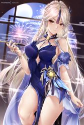 Rule 34 | 1girl, bare shoulders, blue dress, blush, bracelet, breasts, cleavage, closed mouth, commentary, dress, fireworks, full moon, genshin impact, hand up, jewelry, large breasts, long hair, looking at viewer, moon, ningguang (genshin impact), ningguang (orchid&#039;s evening gown) (genshin impact), official alternate costume, patreon username, red eyes, rei kun, smile, solo, thighs, white hair