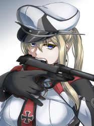 Rule 34 | 1girl, akito (sub707), blonde hair, cross, gradient background, graf zeppelin (kancolle), grey eyes, gun, hair between eyes, handgun, hat, highres, holding, holding gun, holding weapon, iron cross, kantai collection, long hair, looking at viewer, military, military hat, military uniform, necktie, peaked cap, red necktie, sidelocks, solo, trigger discipline, twintails, uniform, upper body, walther, walther p38, weapon, white background, white hat