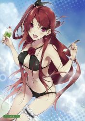 Rule 34 | 1girl, absurdres, artist name, bikini, black bikini, breasts, butterfly earrings, cherry, cherry (hario 4), cleavage, day, earrings, food, fruit, halterneck, hario 4, highres, ice cream, jewelry, long hair, melonbooks, open mouth, scan, simple background, smile, solo, spoon, swimsuit, teeth, thigh strap, upper teeth only