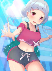 Rule 34 | 1girl, absurdres, aqua wristband, arashi chisato, artist name, artist request, bare legs, black shorts, black tank top, blue sky, blush, breasts, building, cloud, collarbone, day, double bun, female focus, floating hair, hair bun, hair tie, highres, long hair, looking at viewer, love live!, love live! school idol festival, love live! superstar!!, outdoors, parted lips, red eyes, red shirt, shirt, short shorts, short sleeves, shorts, sky, smile, solo, sunlight, tank top, twintails, undershirt, wavy hair, white hair