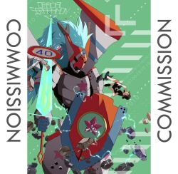 Rule 34 | 1boy, 1other, absurdres, debris, digimon, digimon (creature), highres, official seraphimon, original, shield, sign, sword, weapon