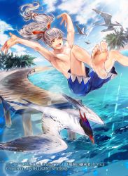 Rule 34 | 1boy, barefoot, beach, bird, cloud, company name, day, fire emblem, fire emblem cipher, fire emblem fates, grey hair, long hair, male focus, nintendo, official art, open mouth, outdoors, ponytail, red eyes, topless male, sky, solo, swimsuit, takumi (fire emblem), teeth, tree, water
