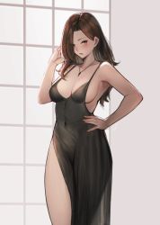 Rule 34 | 1girl, armpits, asymmetrical bangs, bare arms, bare shoulders, black dress, blush, breasts, brown eyes, brown hair, cleavage, collarbone, commentary request, covered navel, cowboy shot, dress, evening gown, forehead, hand in own hair, hand on own hip, hand up, hayabusa (vert 320), highres, indoors, jewelry, large breasts, long hair, looking at viewer, mature female, mole, mole on breast, mole under eye, necklace, no bra, open mouth, original, pelvic curtain, pendant, see-through, signature, sleeveless, sleeveless dress, solo, thighs, window