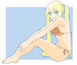Rule 34 | 1girl, absurdres, bad id, bad twitter id, bare arms, bare legs, bare shoulders, barefoot, bikini, blue background, blue eyes, breasts, closed mouth, donguri suzume, from side, highres, legs together, long hair, looking at viewer, looking to the side, medium breasts, orange bikini, scrunchie, side-tie bikini bottom, sideboob, sitting, smile, solo, swimsuit, twintails, very long hair