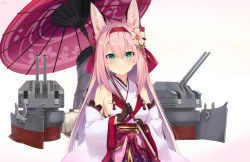 Rule 34 | 1girl, absurdres, animal ears, azur lane, bare shoulders, black gloves, blush, breasts, closed mouth, commentary request, detached sleeves, flower, fox ears, fox girl, gloves, green eyes, hair between eyes, hair flower, hair ornament, hairband, hanazuki (azur lane), highres, holding, holding umbrella, japanese clothes, kimono, kn2, large breasts, light smile, long hair, looking at viewer, obi, pink hair, print umbrella, red hairband, resolution mismatch, revision, rigging, sash, sideboob, sidelocks, simple background, sleeveless, sleeveless kimono, solo, source smaller, standing, turret, umbrella, upper body, white background, white kimono, wide sleeves