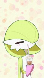 Rule 34 | 1girl, = =, arms at sides, blush, bob cut, bubble tea, bubble tea challenge, closed eyes, closed mouth, colored skin, creatures (company), cup, disposable cup, drink, drinking, drinking straw, female focus, flat chest, game freak, gardevoir, gen 3 pokemon, green hair, green skin, hair over one eye, happy, highres, light blush, multicolored skin, nintendo, one eye covered, outline, pokemon, pokemon (creature), short hair, solo, two-tone skin, upper body, white skin, yellow background, yuri (fl0werspace)