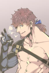 Rule 34 | 1boy, abs, brown hair, cigarette, facial hair, fate/grand order, fate (series), goatee, hector (fate), highres, koryuu (gackter10), looking at viewer, male focus, manly, medium hair, muscular, nipples, pectorals, ponytail, smile, solo, topless male