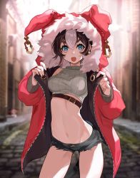 Rule 34 | 1girl, absurdres, blue eyes, breasts, brown hair, highres, hood, hood up, looking at viewer, medium breasts, midriff, multicolored hair, navel, open mouth, original, short shorts, shorts, solo, white hair, yuu (higashi no penguin)